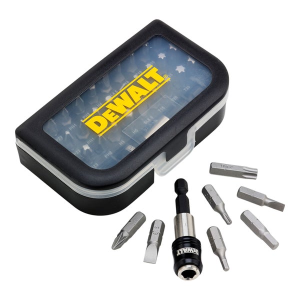 DeWalt Bit-Set in schwarzer Aufbewahrungsbox mit DeWalt Logo, magnetischem Bithalter und verschiedenen Schrauberbits.