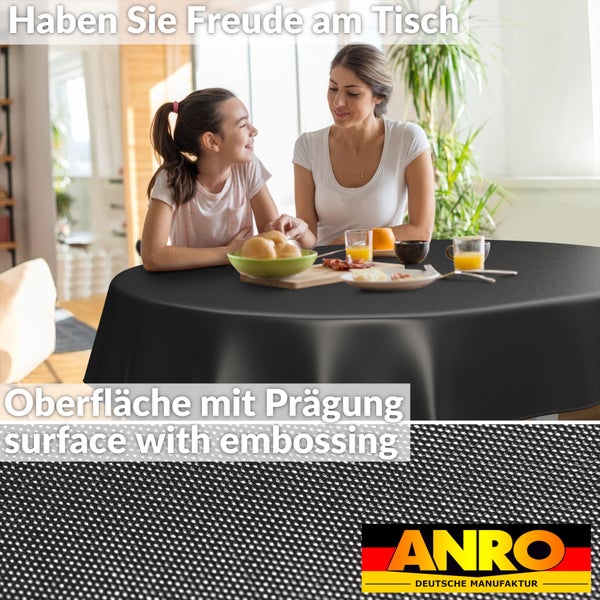 Eine Mutter und ihre Tochter sitzen an einem Tisch mit einer Tischdecke und genießen eine Mahlzeit. ANRO Logo.