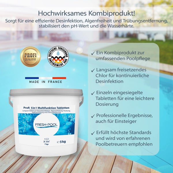 Fresh-Pool Profi 5in1 Multifunktion Tabletten 200g 5 kg -<br />Chlortabletten für Pool mit Algizid und Flockung |<br />Multifunktionstabletten | Multitabs 5 in 1 200g