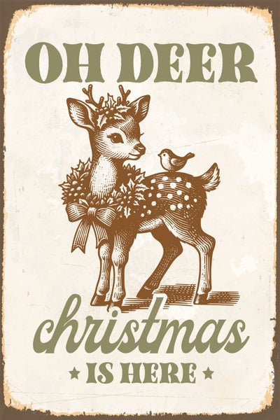 Blechschild, Alu-Dibond, Retro Wandbild Weihnachten Reh und Spatz STA2488 in 20x30cm inkl. Lochbohrung