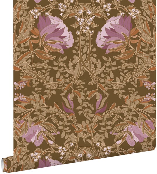 Tapete mit floralem Muster in Braun- und Lilatönen