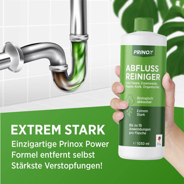 PRINOX® Abflussreiniger 1000ml EXTRA STARK - Profi Rohrreiniger löst Haare, Essensreste & schwerste Verstopfungen - Rohrfrei gegen hartnäckige Verstopfungen & üble Gerüche - Biologisch abbaubar