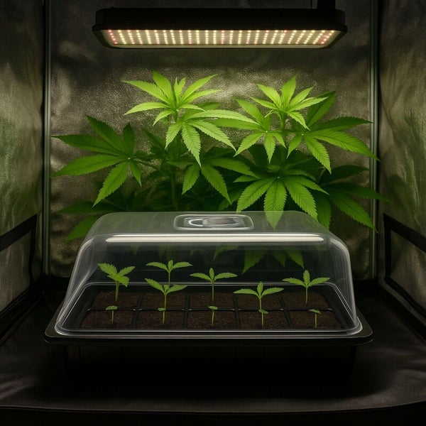 Indoor-Anzuchtschrank mit LED-Pflanzenlampe, größeren Pflanzen im Hintergrund und Setzlingen in einem Zimmergewächshaus im Vordergrund.