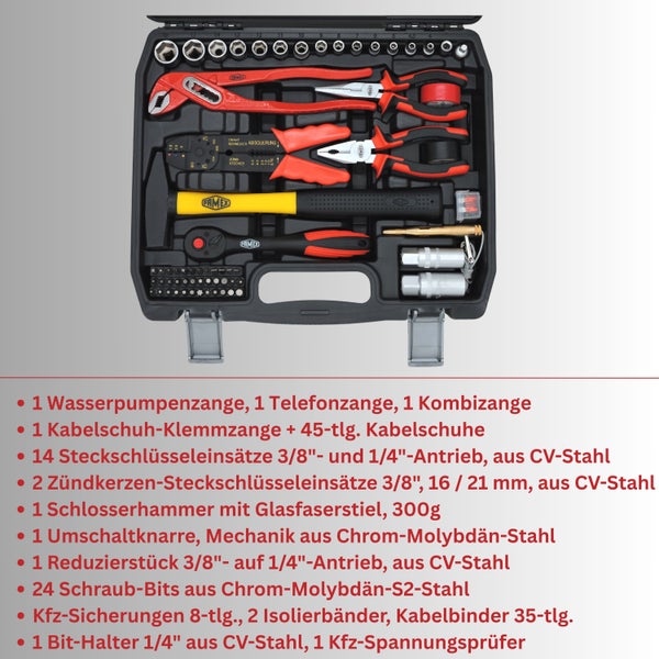 Werkzeugkoffer mit Zangen, Steckschlüsseln, Hammer, Schraubbits und weiterem Zubehör