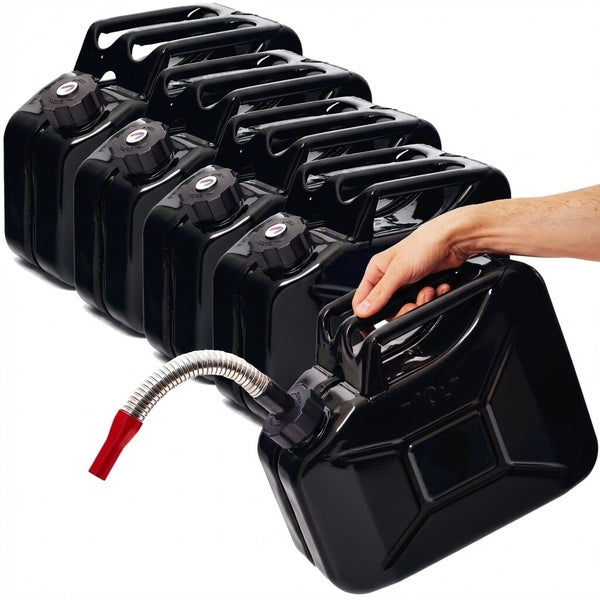 Mehrere schwarze Kraftstoffkanister mit Einfüllstutzen