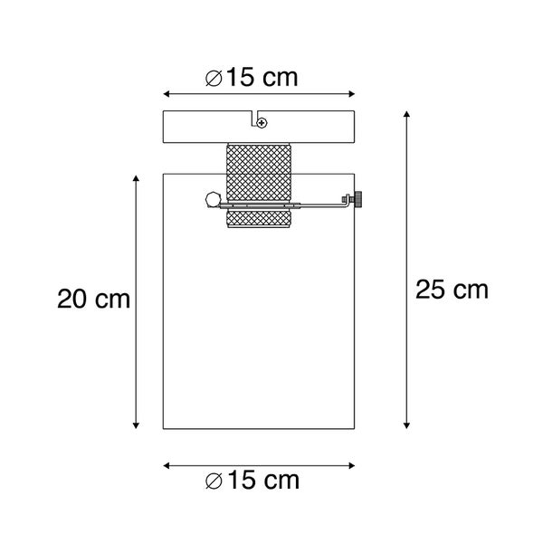 Technische Zeichnung eines Produkts mit Maßangaben: Höhe 25 cm, Breite 15 cm, Durchmesser oben 15 cm, Höhe des unteren Teils 20 cm.