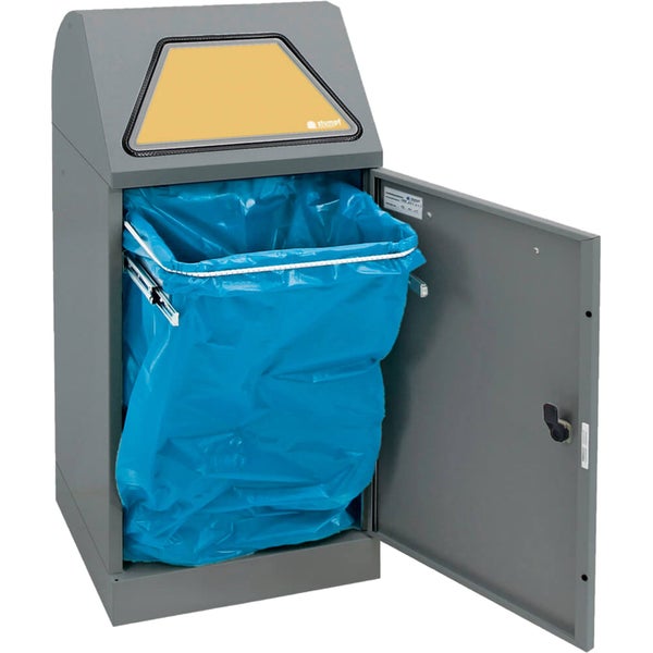 Abfallbehälter aus Metall mit gelber Einwurfklappe und geöffneter Tür, die einen blauen Müllsack auf einer ausziehbaren Halterung zeigt.