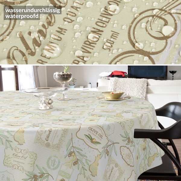 Runde, wasserundurchlässige Wachstuchtischdecke mit Olivenöl-Motiv und Detailansicht abperlender Wassertropfen.