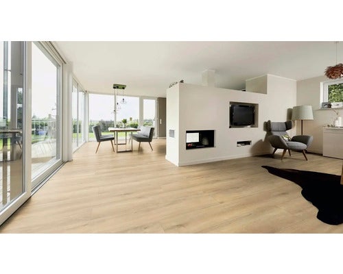 Heller Wohnraum mit Esstisch, Sessel und Laminatboden