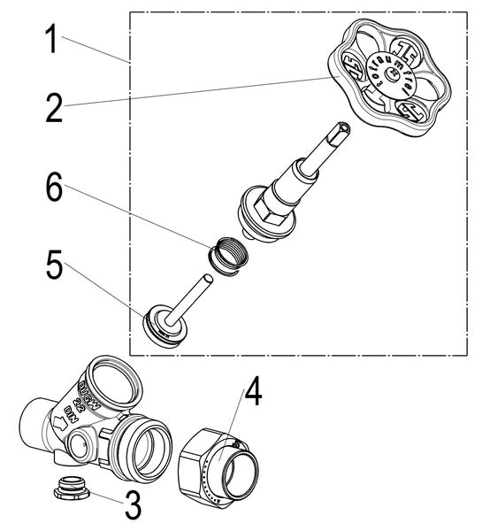 Explosionszeichnung eines Schrägsitzventils mit durchnummerierten Einzelteilen wie Handrad, Spindel, Feder und Dichtung.