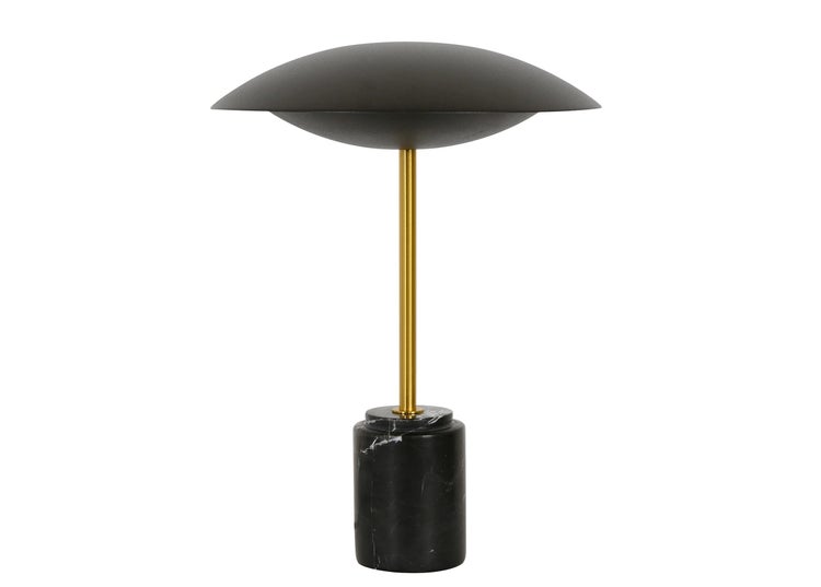 Moderne Tischleuchte mit pilzförmigem Lampenschirm, schlankem Ständer und massivem zylindrischem Marmorsockel.
