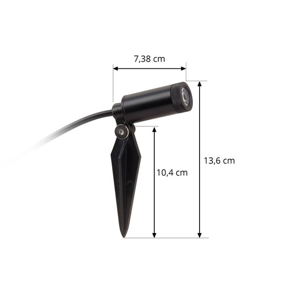 Schwarzer Gartenstrahler mit Erdspieß, Maße: Länge 7,38 Zentimeter, Höhe Erdspieß 10,4 Zentimeter, Gesamthöhe 13,6 Zentimeter.