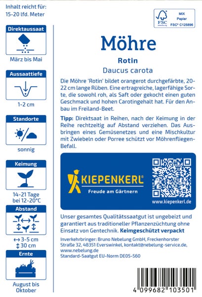 Saatgutpackung für Möhre Rotin von Kiepenkerl mit Anbauinformationen und FSC Zertifizierung