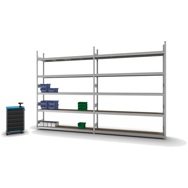 PROREGAL Weitspannregal Stecksystem T-Profil Grundregal HxBxT 300x225x40 cm 5 Ebenen Spanplatten Fachboden Fachlast 350 kg Verzinkt