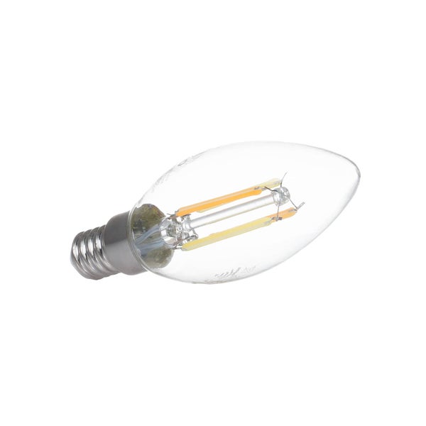 LED Filament Kerzenlampe mit E14 Sockel aus klarem Glas.