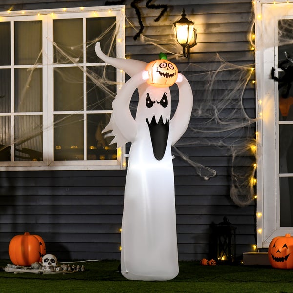 HOMCOM Halloween aufblasbares Gespenst, 1,8 m Dekoration mit LEDs, 80 x 40 x 180 cm, Polyester, Weiß + Orange