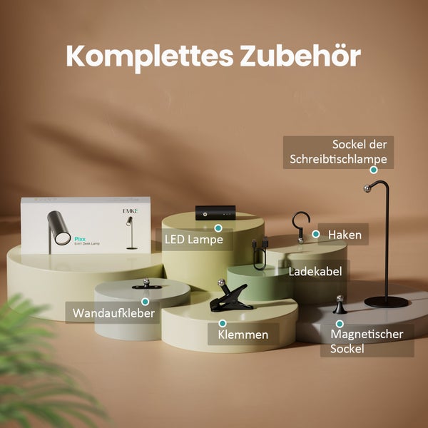 EMKE 6-in-1 LED Tischlampe Kabellos, Wiederaufladbare & Dimmbar, Touch Steuerung, 3 Farbmodi, 360° Einstellbare Magnetische Wandleuchte, USB-C, IP20, Schwarz - Ideal für Outdoor & Indoor Nutzung