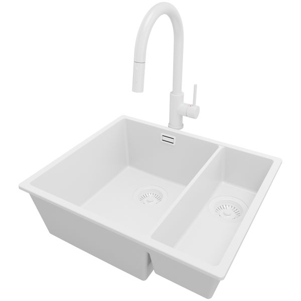 PRIMAGRAN Unterbauspüle Granit Alles Weiß 56x47cm, Spülbecken 1,5 Becken + Küchenarmatur 40x20cm + Ablauf-Set, Granitspüle ab 60er Unterschrank - London Duo