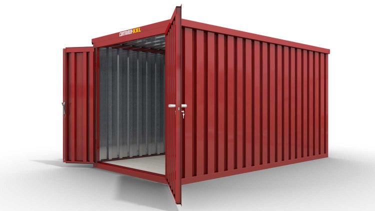 Lagercontainer Gerätehaus XXL  – 12 qm, H2150 x B6080 x T2170 mm, Außenwandlackierung RAL 3000 feuerrot, Dach außen verzinkt, mit Holzfußboden, 1830 mm Doppelflügeltür mittig in Stirnseite, montiert