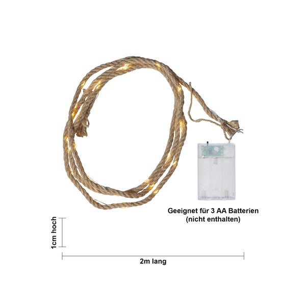 Zwei Meter lange Jute Lichterkette für drei AA Batterien