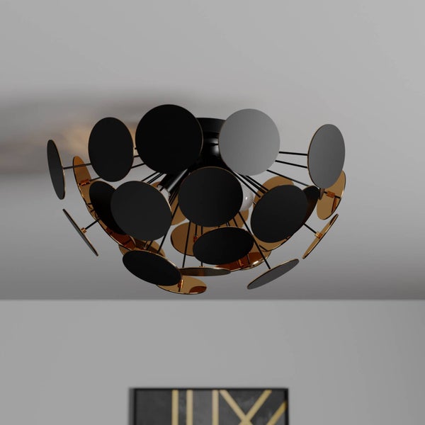 Moderne Deckenleuchte mit runden, schwarzen und goldenen Elementen