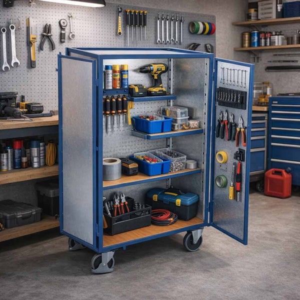 Blauer fahrbarer Werkzeugschrank mit drei Ebenen, gefüllt mit Werkzeugen und Kleinteilemagazinen in einer organisierten Werkstatt.