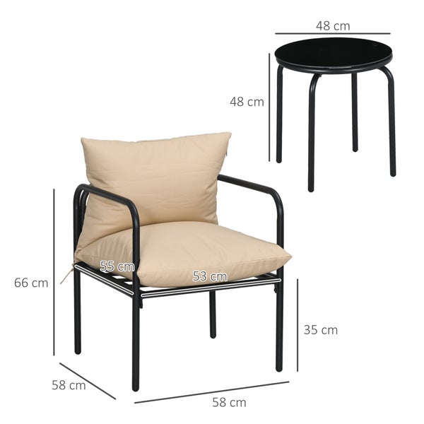 Outsunny 3tlg. Gartenmöbel-Set, Bistro-Set mit 2 Stühlen, 1 Couchtisch, für Balkon, Terrasse, 58L x 58B x 66H cm, Stahl, Beige