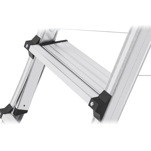 Detailansicht einer Aluminiumleiter mit schwarzem Sicherheitsgelenk