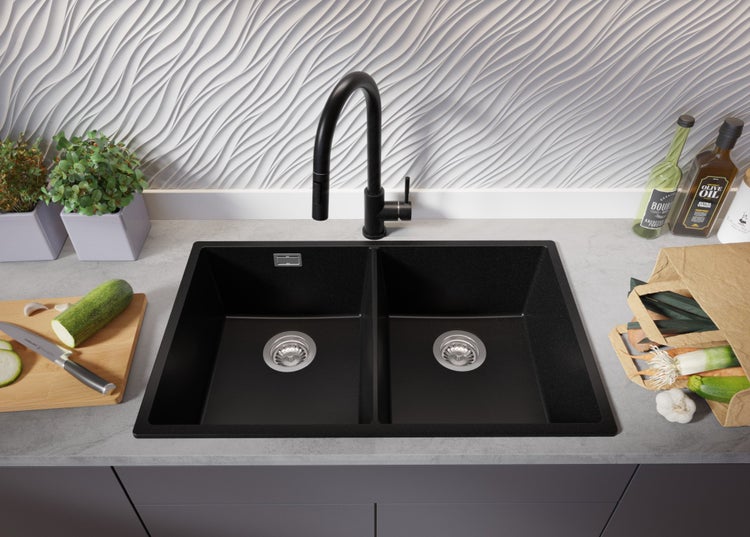 PRIMAGRAN Spülbecken Schwarz 76x47cm, Granitspüle 2 Becken + Ablauf-Set, Küchenspüle ab 80er Unterschrank - London Slim Twin