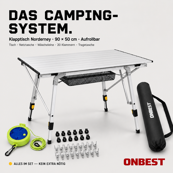 ONBEST Camping-Set mit aufrollbarem Aluminium-Klapptisch 90 mal 50 Zentimeter, Netztasche, Tragetasche, Wäscheleine und 20 Klammern. ONBEST Logo.