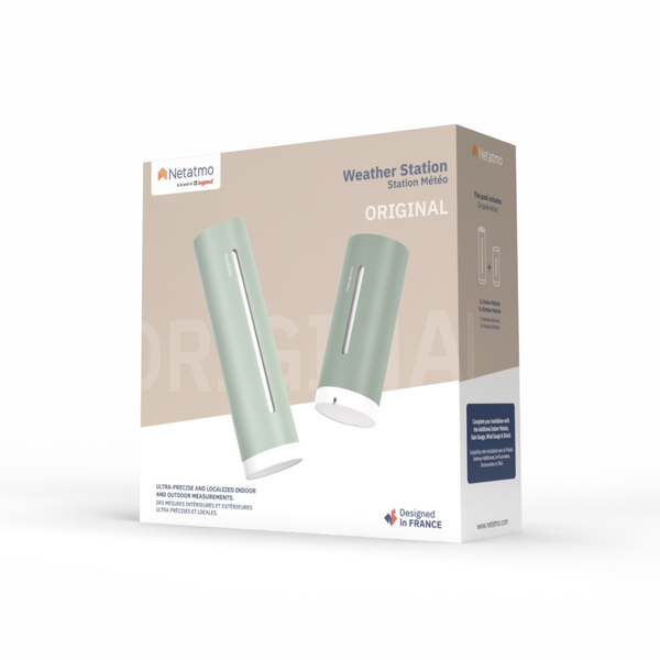 Netatmo Wetterstation Original Verpackung mit einem Innenmodul und einem Außenmodul für präzise lokale Wetterdaten.