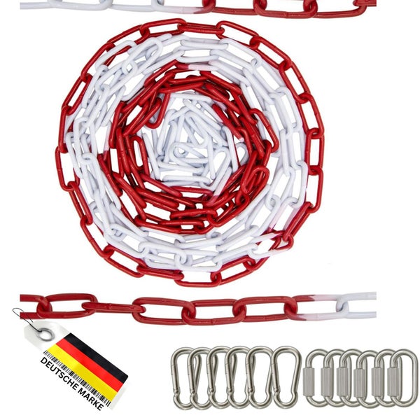 Absperrkette aus Kunststoff, rot und weiß, inklusive Karabinerhaken und Notglieder, Kennzeichnung Deutsche Marke.