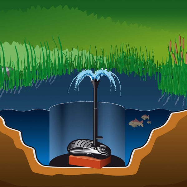 Illustration eines Teichs mit einer Teichpumpe und einer Fontäne, umgeben von Vegetation.