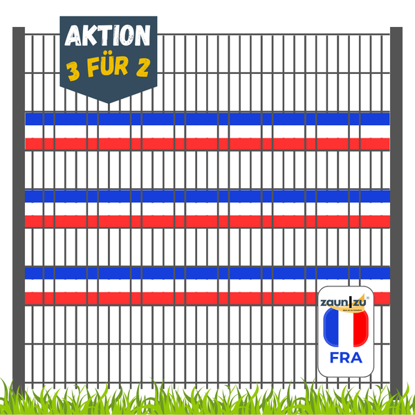 Zaun mit Angebotsaktion drei für zwei und Zaunzu Logo mit Länderkennung Frankreich