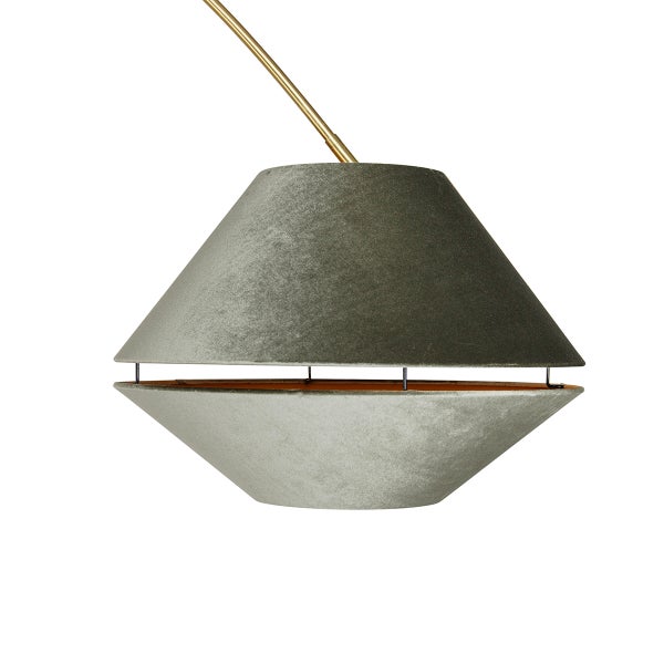 Pendelleuchte mit zweigeteiltem Lampenschirm aus Samt in Grau und Grün sowie goldfarbenem Gestänge.