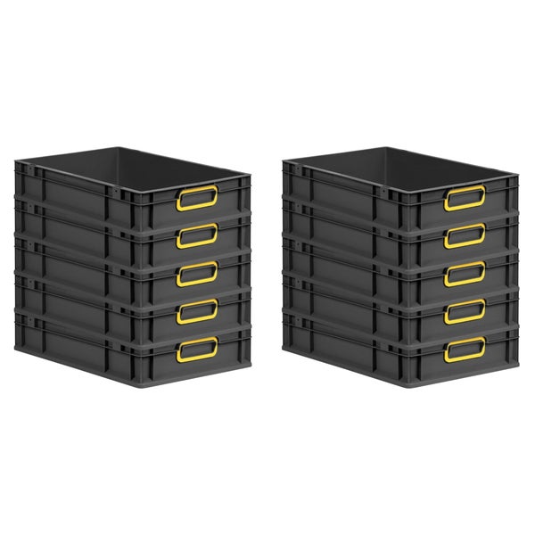 PROREGAL SparSet 10x Eurobox NextGen Color, HxBxT 12x40x60cm, 23 Liter, Griffe gelb geschlossen, Schwarz, Eurobehälter, Transportbox, Transportbehälter, Stapelbehälter