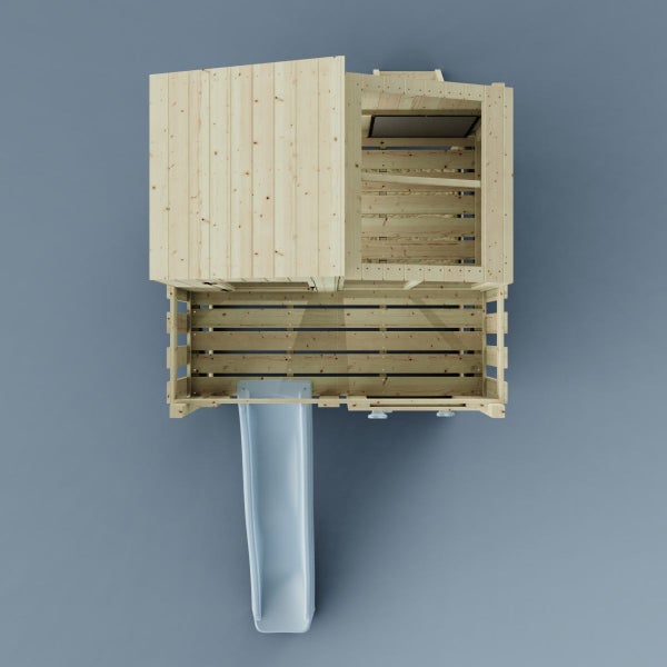 Draufsicht auf ein Spielhaus aus Holz mit Rutsche