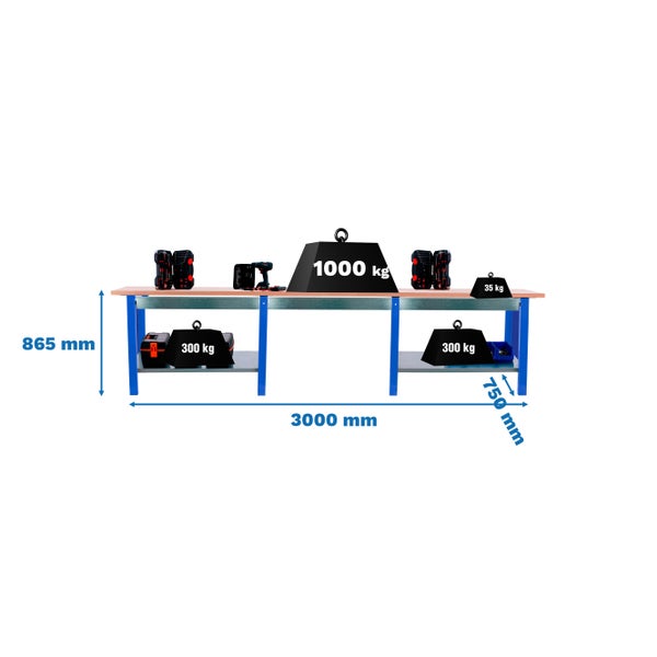 Werkbank BUFFALO WOOD mit 3x Schublade| HxBxT 86,5x300x75cm | Traglast 1000kg | Blau