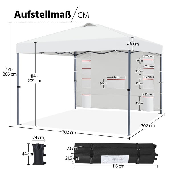 Abbildung mit Maßangaben zu einem Faltpavillon, Sandsack und einer Tragetasche