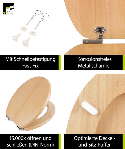 aquaSu® Holz WC-Sitz mit Absenkautomatik Venezia | Toilettendeckel in Buche | Holzkern Toilettensitz | Fast-Fix | Metallscharnier | Universale O-Form | Oval | Echtholzfurnier Buche | 403092