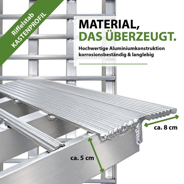 Auffahrrampe aus Aluminium mit einer Breite von circa 45 Zentimeter und abgeschrägter Auflagefläche für einen stabilen Stand.