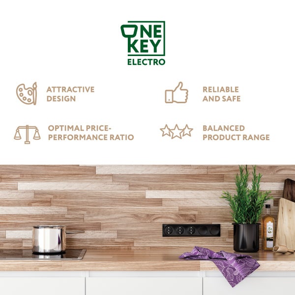 One Key Electro Logo mit Vorteilen attraktives Design, zuverlässig und sicher, optimales Preis Leistungs Verhältnis und ausgewogenes Sortiment.