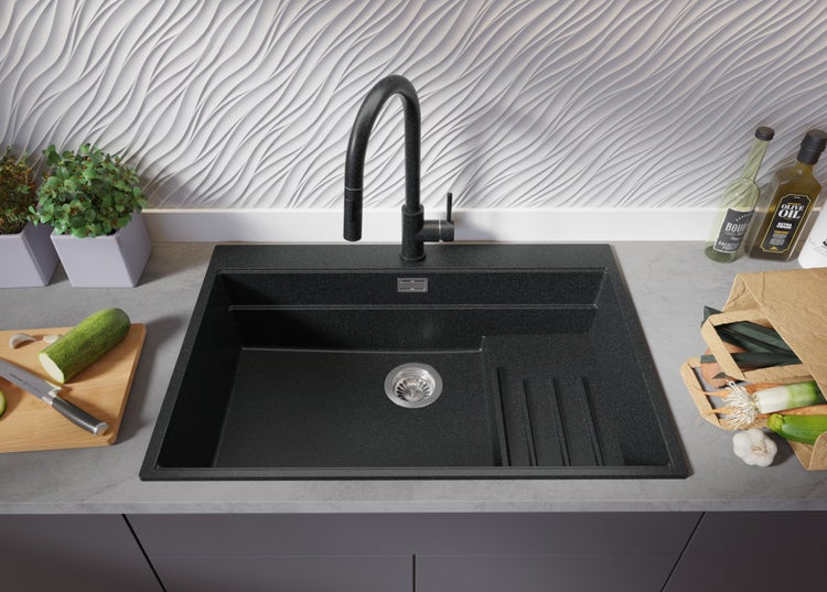 PRIMAGRAN Spülbecken Anthrazit 78x53cm, Granitspüle 1 Becken + Ablauf-Set + Küchenzubehörset, Küchenspüle ab 80er Unterschrank - Oslo Max
