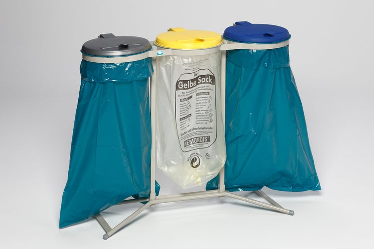 PROREGAL Robuster Abfallsammler Für Wertstoffsortierung 3 Fach Stationär 3 x  120 Liter HxBxT 95 x 117,5 x 44 cm Stahl Silber, Gelb, Blau