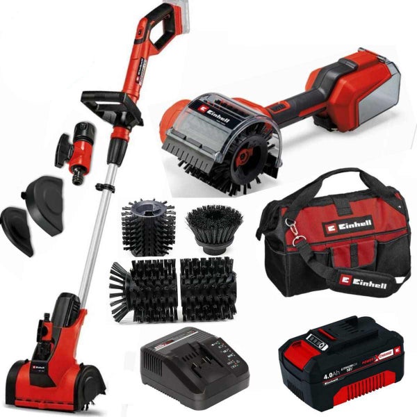 Einhell Akkumulator-Oberflächenbürstenset mit verschiedenen Bürstenaufsätzen, Ladegerät, Akkumulator und einer Transporttasche.