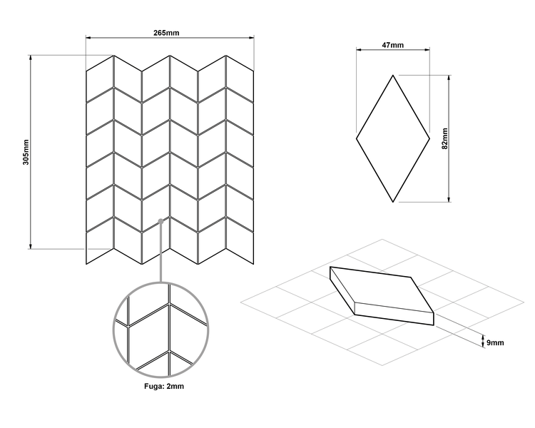 Technische Zeichnung einer Rauten-Mosaikfliese: Blatt 265 mal 305 Millimeter, Fliese 47 mal 82 Millimeter, Stärke 9 Millimeter, Fuge 2 Millimeter.