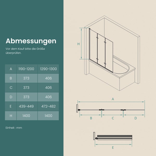 EMKE Badewannenaufsatz 3-teilig 130 x 140 cm Faltbare Duschwand für Badewanne, Mattschwarzer, 6 mm ESG Sicherheitsglas mit NANO-Beschichtung, klappbar, links oder rechts montierbar