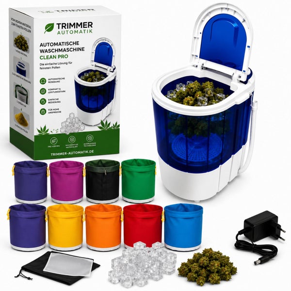 Trimmer Automatik Clean Pro Set mit Pollen-Waschmaschine, acht Extraktionsbeuteln, Netzteil, Sieb und Zubehör.