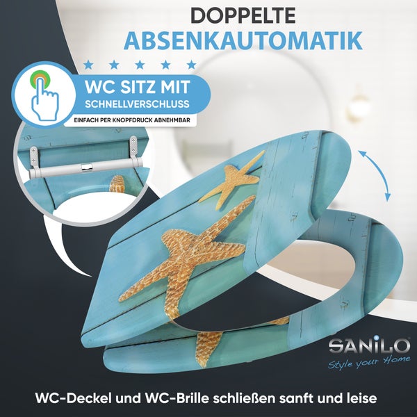Sanilo WC-Sitz mit Seestern-Motiv auf blauer Holzoptik, inklusive doppelter Absenkautomatik und Schnellverschluss per Knopfdruck.