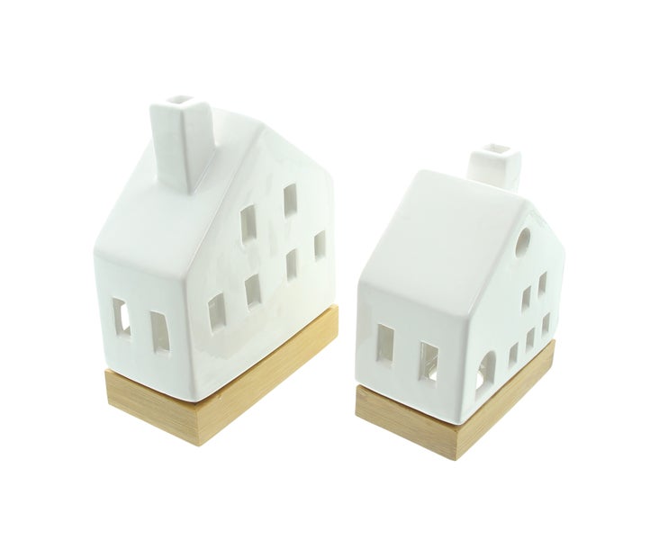 FRANK FLECHTWAREN | LED-Haus White, 2er Set, PORZELLAN, HOLZ, KUNSTSTOFF, 11,5 x 6,5 x 13,5 cm, 13 x 6,5 x 17 cm